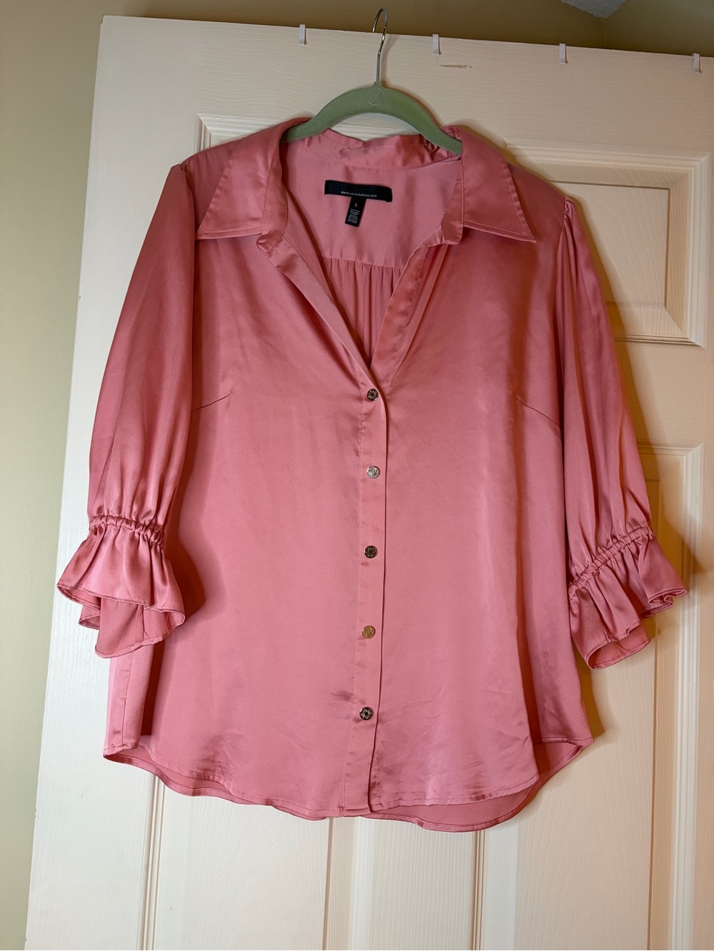 White House Black Market Dusty Rose Satin Ruffle-Sleeve Blouse